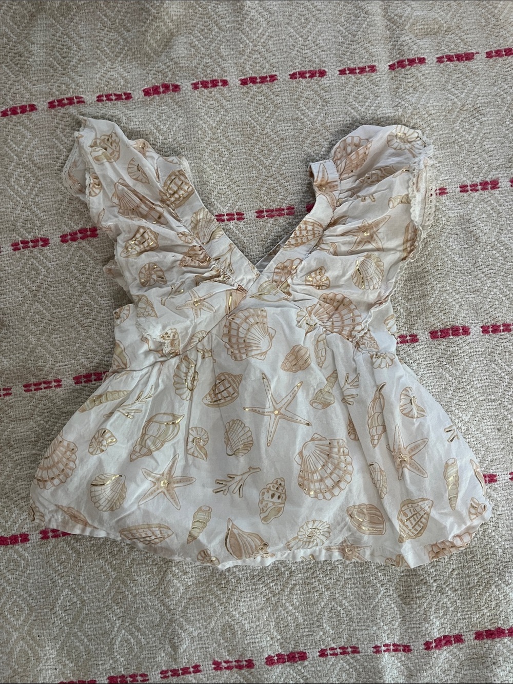 Sigrid Olsen Cream Shell-Print Ruffle V-Neck  Children’s Top